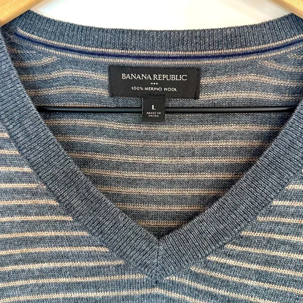Men's Banana Republic Gray Merino Wool V-neck Pullover Sweater Large